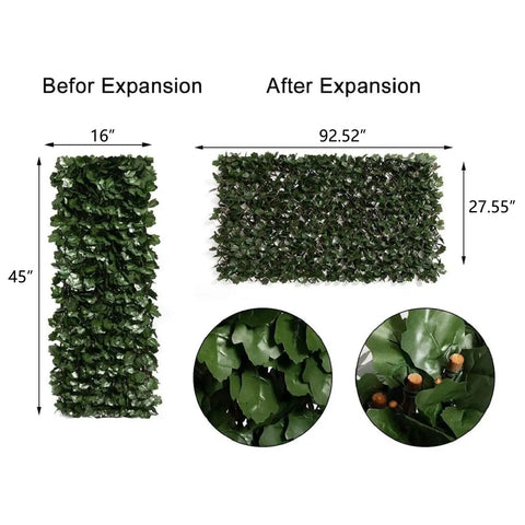 Expandable Fence Privacy Screen For Balcony And Patio With Double Sides Faux Ivy Fencing Panel 16 Inch Tall And 45 Inch Closed Expands To 92 Inch Wide Outdoor Backyard Decor FSC Certified Willow Frame No Fuss Garden Backdrop showing before and after expansion with detailed close-ups.