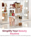 Clear 360 Degree Rotating Makeup Organizer For Countertop With Adjustable Shelf Height on vanity with cosmetics.