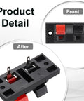 Front and back view of Two Way Spring Terminal Clip Push Release Connector Plate Jack Socket For Speaker Terminal Strip Block Test Clip WP21 3Pcs Ideal For Do It Yourself Audio Projects And Car Speaker Upgrades With Red And Black Polarity Coding And Copper Contacts.