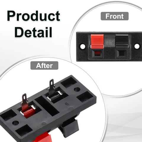 Front and back view of Two Way Spring Terminal Clip Push Release Connector Plate Jack Socket For Speaker Terminal Strip Block Test Clip WP21 3Pcs Ideal For Do It Yourself Audio Projects And Car Speaker Upgrades With Red And Black Polarity Coding And Copper Contacts.