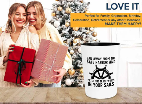 Funny Shipmate Shot Glass 1.5oz Ceramic Barware Gift For Ocean Lovers with nautical graphic, beside women holding gifts.