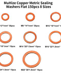 Copper Washers Set 150 Pcs Eight Sizes Sealing Flats M6 M8 M10 M12 M14 M16 M18 M20, displayed in 8 sizes.
