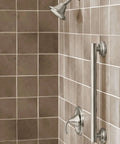 Shower scene with 12 Inch Stainless Steel Bathroom Grab Bar With Brushed Nickel Finish, ADA Compliant Safety Bar, Non Slip Grip Pad
