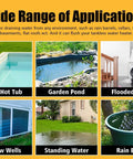 Pools, garden pond, flooded house, window wells, standing water, and rain barrel applications for Beefy Submersible Sump Pump 1.5HP.