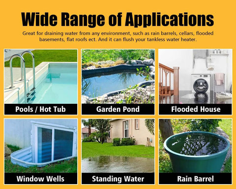 Pools, garden pond, flooded house, window wells, standing water, and rain barrel applications for Beefy Submersible Sump Pump 1.5HP.