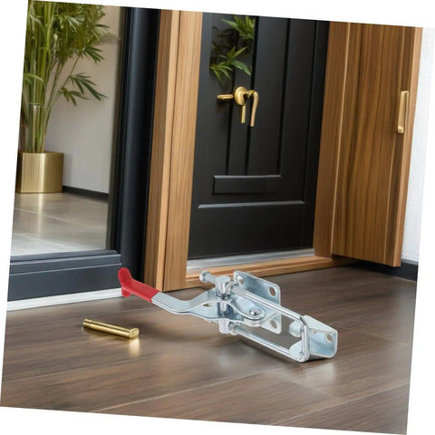 Super Tough Two Pack Heavy Duty Toggle Latch Clamps With Galvanized Iron Build And Massive 2183 Pound Holding Power For Your Work Jigs Or Chest Drawers, installed on a door.