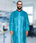 Man wearing Disposable Lab Coats For Adults, Large Blue, Pack Of 10, Lightweight 40 GSM Polyethylene Polypropylene Fabric