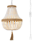 Boho Wood Beaded Pendant Light With E12 Ball Bulbs Farmhouse Chandelier shown with plug-in cord and ivory white beads