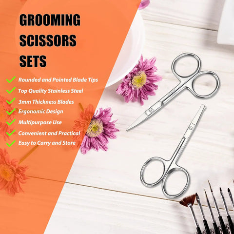 Facial Hair Scissors And Grooming Kit For Guys And Gals With Curved Safety Tip Clippers Two Pack Silver on table with flowers