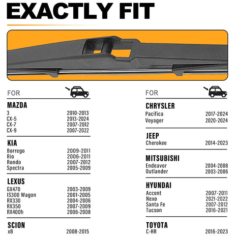 14 Inch Rear Wiper Blade Replacement compatibility for Jeep Cherokee, Mazda CX-5 CX-9, Hyundai Tucson, Santa Fe, Lexus RX 350, Chrysler.