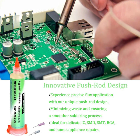 Person soldering circuit board using No Clean Flux Paste For Electronics, Lead Free Rosin Soldering Flux, 10cc Tacky