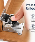 Close-up of hands unlocking Self Locking 90 To 180 Degree Folding Leg Bracket for Heavy Duty Tables RV Bases and Workbenches.