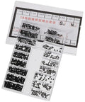 Top Notch Black Micro Watch Screw Set Solid Stainless Steel Precision Threads With 18 Sized Variations And Double Pack Assortment Kit in a clear organizer.