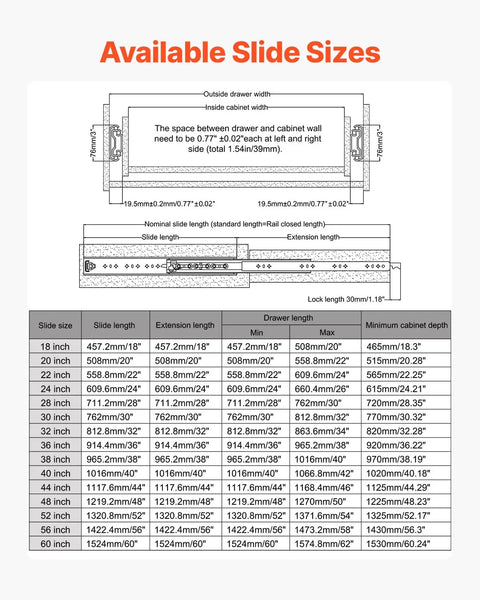 No Fuss Full Extension Drawer Slides 1 Pair Tough As Nails size chart showing dimensions and fit for various slide sizes.