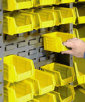 Deep Door Industrial Storage Cabinet With 144 Yellow Plastic Bins Tough Workhorse Parts Organizer showing yellow bins being accessed.