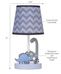 Kids Dino Night Light Lamp With Shade For Nursery Or Kid Room, kid-friendly cozy soft glow from gray mommy dino and blue baby dino, white wavy chevron shade on light blue, 11 inch tall, includes 5W LED bulb