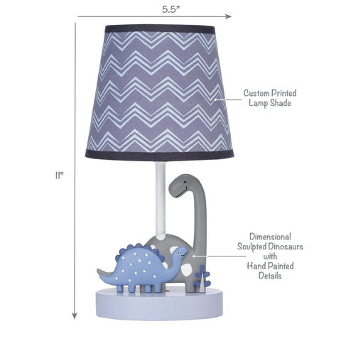 Kids Dino Night Light Lamp With Shade For Nursery Or Kid Room, kid-friendly cozy soft glow from gray mommy dino and blue baby dino, white wavy chevron shade on light blue, 11 inch tall, includes 5W LED bulb