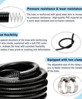 Heavy Duty Reinforced Steel Wire Water Hose 1-1/4 Inch By 10 Foot Black Flexible Vinyl Tubing For Pool Suction And Drain No Kinking Or Collapsing With 2 Clamps; detailed view of material and features including spiral steel wire for pressure resistance, flexibility, and included clamps for stability