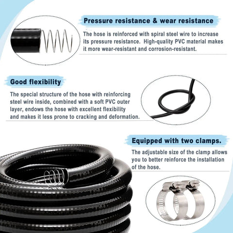 Heavy Duty Reinforced Steel Wire Water Hose 1-1/4 Inch By 10 Foot Black Flexible Vinyl Tubing For Pool Suction And Drain No Kinking Or Collapsing With 2 Clamps; detailed view of material and features including spiral steel wire for pressure resistance, flexibility, and included clamps for stability