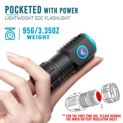 Rechargeable 2000 Lumen Aluminum Flashlight for Camping and Outdoors, compact LED light held between fingers, weight detail.