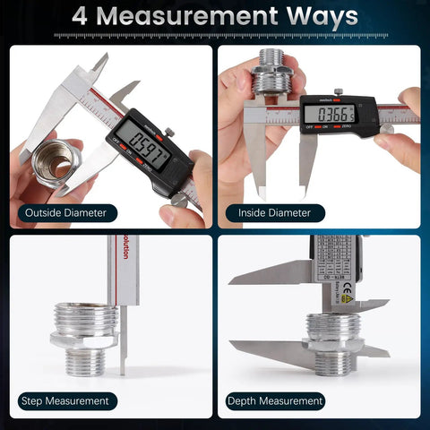 8 Inch Digital Caliper With Large LCD Screen, Stainless Steel Vernier Caliper For Inch And Millimeter, Four Measuring Modes, Auto Off, Waterproof Design, Easy Readout For DIY, Shop, And Professional Use measuring outside diameter, inside diameter, step, and depth on a metal part.