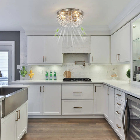 Kitchen with Cool Low Profile Boho Ceiling Fan With Light And Remote Control, Crystal Cage Design, flush mounted on ceiling.