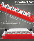 Red and Black Power Distribution Terminal Block with Cover Six One Quarter Inch M6 Posts Twelve Volt Battery Bus Bar
