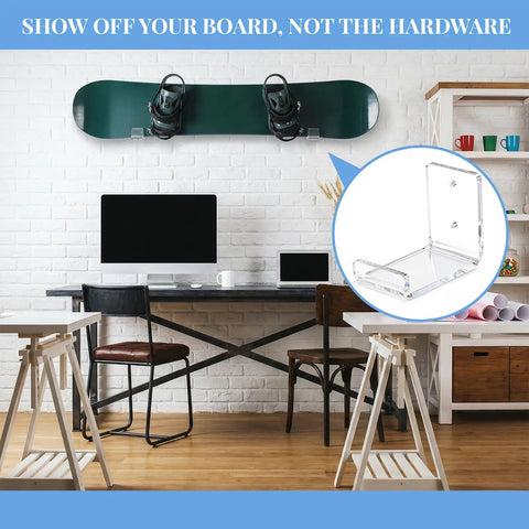 Rad Clear Acrylic Skateboard And Snowboard Wall Mount Rack For Secure Deck Display and Dope Space Saving Wall Storage Setup To Keep Your Gnarly Gear Locked Up Tight, featuring a green snowboard.