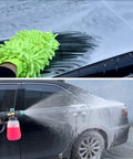 Compact Pressure Washer Gun with Foam Cannon for Cars and Car Wash Mitt removing soap suds from black car