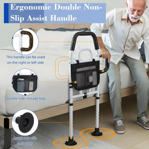 Easy Access Bed Rail For Seniors With No Slip Ergonomic Handle And Storage Pocket next to a bed for support during use