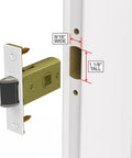 Storm Door Handle Set With Keyed Deadbolt Brass Lever Mortise M2 Edge Bore Ready For Easy Install illustration showing edge bore size.