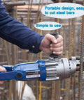 Person using EroomQ Electric Hydraulic Rebar Cutter With Powerful Pure Copper Motor And Upgraded Steel Jaw Blades on steel bars.