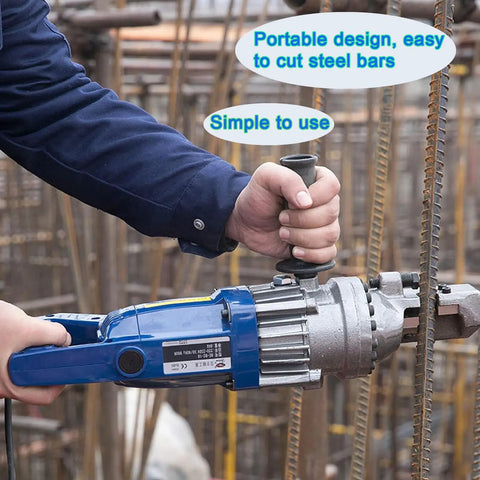 Person using Pro Grade Electric Rebar Cutter With Hydraulic Power 900W Copper Coil Motor Cuts Steel Rope And Rebar Fast 4 To 20 mm Range Adjustable Bolt Design Includes Gloves Save Time And Energy on steel bar at construction site.