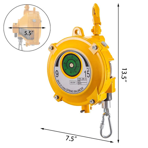 Heavy Duty Spring Balancer Tool Holder Retractable 11 To 19 Lbs 5 To 9 Kg, yellow finish with measurements