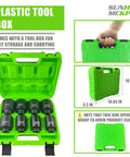 Green plastic tool box with 1/2-Inch Drive Deep 6-Point Impact Socket Set, 8-Piece SAE, Chrome Molybdenum inside, dimensions shown.