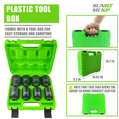 Green plastic tool box with 1/2-Inch Drive Deep 6-Point Impact Socket Set, 8-Piece SAE, Chrome Molybdenum inside, dimensions shown.
