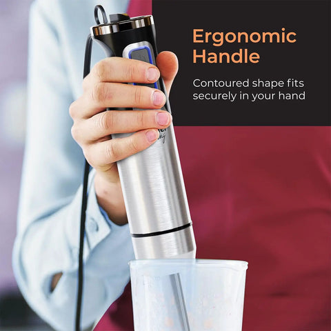 Person using Ultra Power Immersion Hand Blender With 500W Motor And 8 Speed Turbo For Fast Blends in a measuring beaker