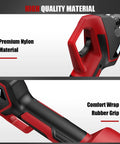 Close-up of Beastly 700W Brushless Electric Pruning Shears showing premium nylon material and comfort wrap rubber grip handle.