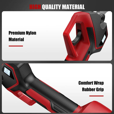 Close-up of Beastly 700W Brushless Electric Pruning Shears showing premium nylon material and comfort wrap rubber grip handle.
