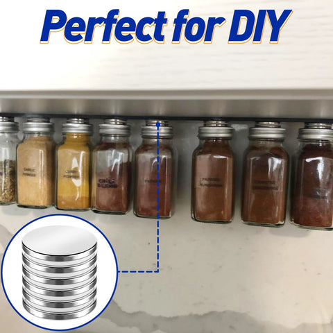 Front view: 8-pack neodymium magnets with double-sided adhesive; 1.18 in dia, 0.12 in thick