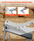 Beefy 39 Inch Bed Width Manual Guillotine Shear For Metal Sheets Benchtop Cutter with stand, showing 39.27 in cutting length.