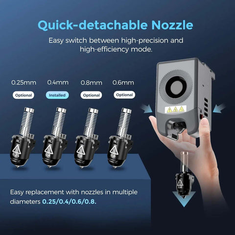Adventurer 5M Pro High Speed Enclosed 3D Printer nozzle options and replacement guide with easy-detach nozzles for precision