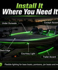 Battery Powered Boat LED Strip Lights No Wiring Needed 16.4ft Green Glow with under gunwale and cockpit accent lighting.