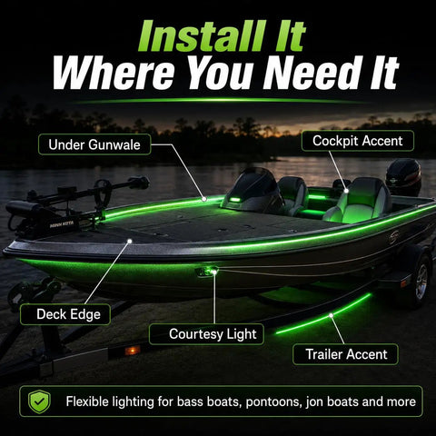 Battery Powered Boat LED Strip Lights No Wiring Needed 16.4ft Green Glow with under gunwale and cockpit accent lighting.