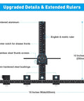 Cabinet Hardware Jig For Precise Drill Alignment And Install Guide showing measurements, aluminum build, and steel bushings.