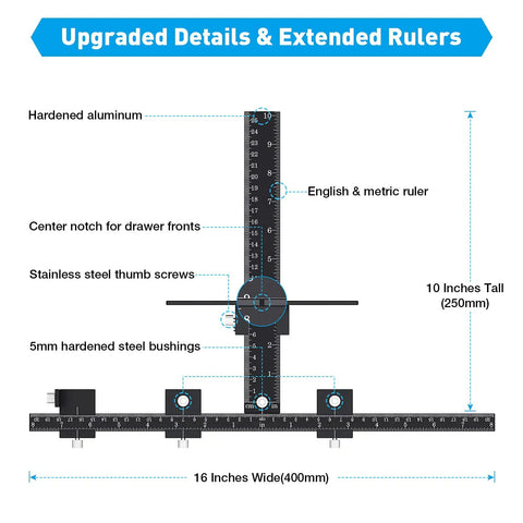 Cabinet Hardware Jig For Precise Drill Alignment And Install Guide showing measurements, aluminum build, and steel bushings.