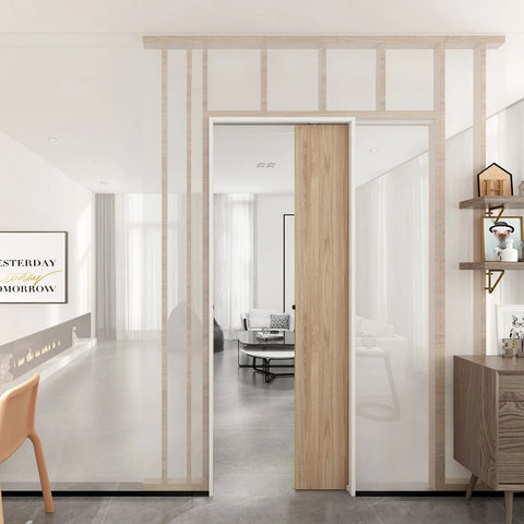 Commercial Grade Pocket Door Hardware And Track Set For 8 Foot Sliding Doors Aluminum Box Track System With 92 Inch Rails installed in living room