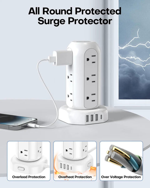 20W USB C PD Fast Charging Power Strip Tower 9.8 Ft Extension Cord 12 Outlets 4 USB Ports Surge Protector in use