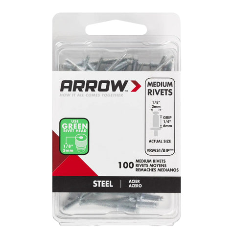 Product packaging of Badass One Eighth Inch Steel Pop Rivets 100 Pack, showing medium steel rivets suitable for DIY projects.