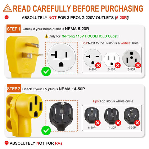 Diagram showing compatibility of Tesla Level 1 EV Charger Adapter Cord NEMA 5-20P To 14-50R with household outlets, not for RVs
